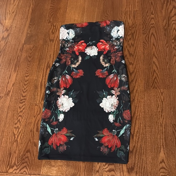 Express floral on black Strapless Sheath bodycon midi Dress formal zippered  12 - Picture 14 of 15